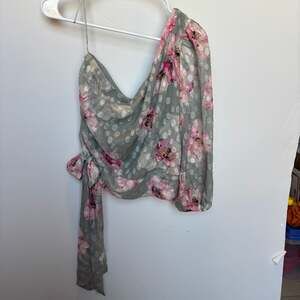 Express Floral Polka Dot One-Shoulder Tie-Side Blouse Top Large